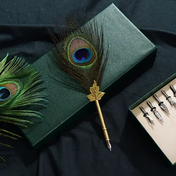 

Retro Calligraphy Feather Dip with 5 Extra Nib Quill Pen Writing Ink Set Gift Box Fountain Pen Design Educational Supplies BV789