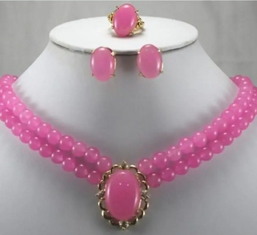 Fashion jewelry Free Shipping Charming Luxurious Pink Jades Ring Stud Earrings Necklace Pendant Jewelry Set | Украшения и