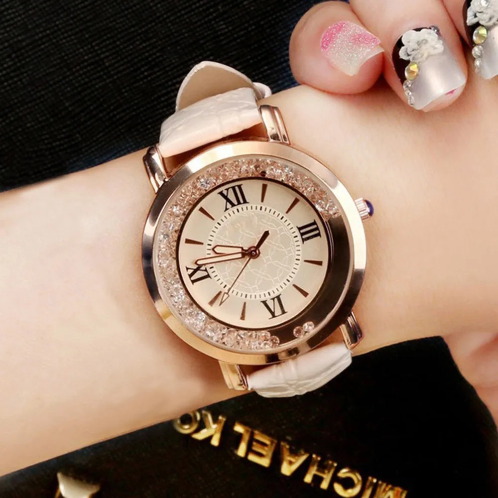 Новые женские часы кожаный браслет со стразами наручные Для женщин моды часы женские металлические аналоговые кварцевые часы, наручные часы с механизмом, детские часы
