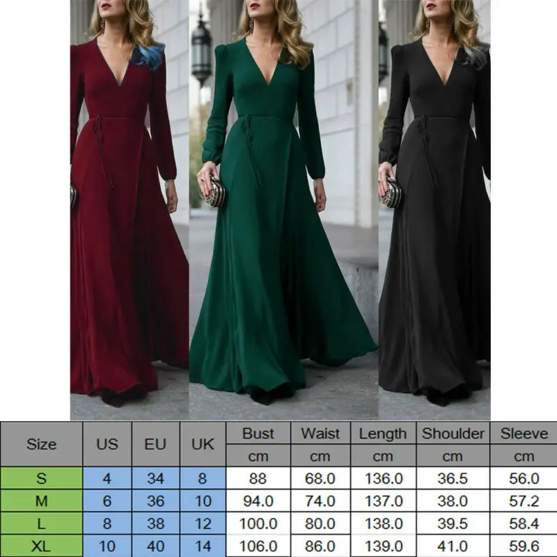 Vintage Women Deep V Neck High Slit Maxi Long Dress Long Sleeve Prom Gown Evening Party Formal Retro Dress mujer vestito