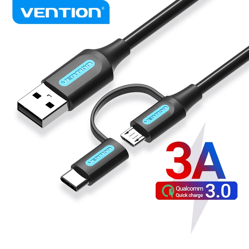 android charger type c Vention 2 in 1 USB Type C Cable for Xiaomi Mi 9 3A Fast Charging USB Cable for Samsung Galaxy S10 S9 Plus Huawei Micro USB Cable iphone charger cable