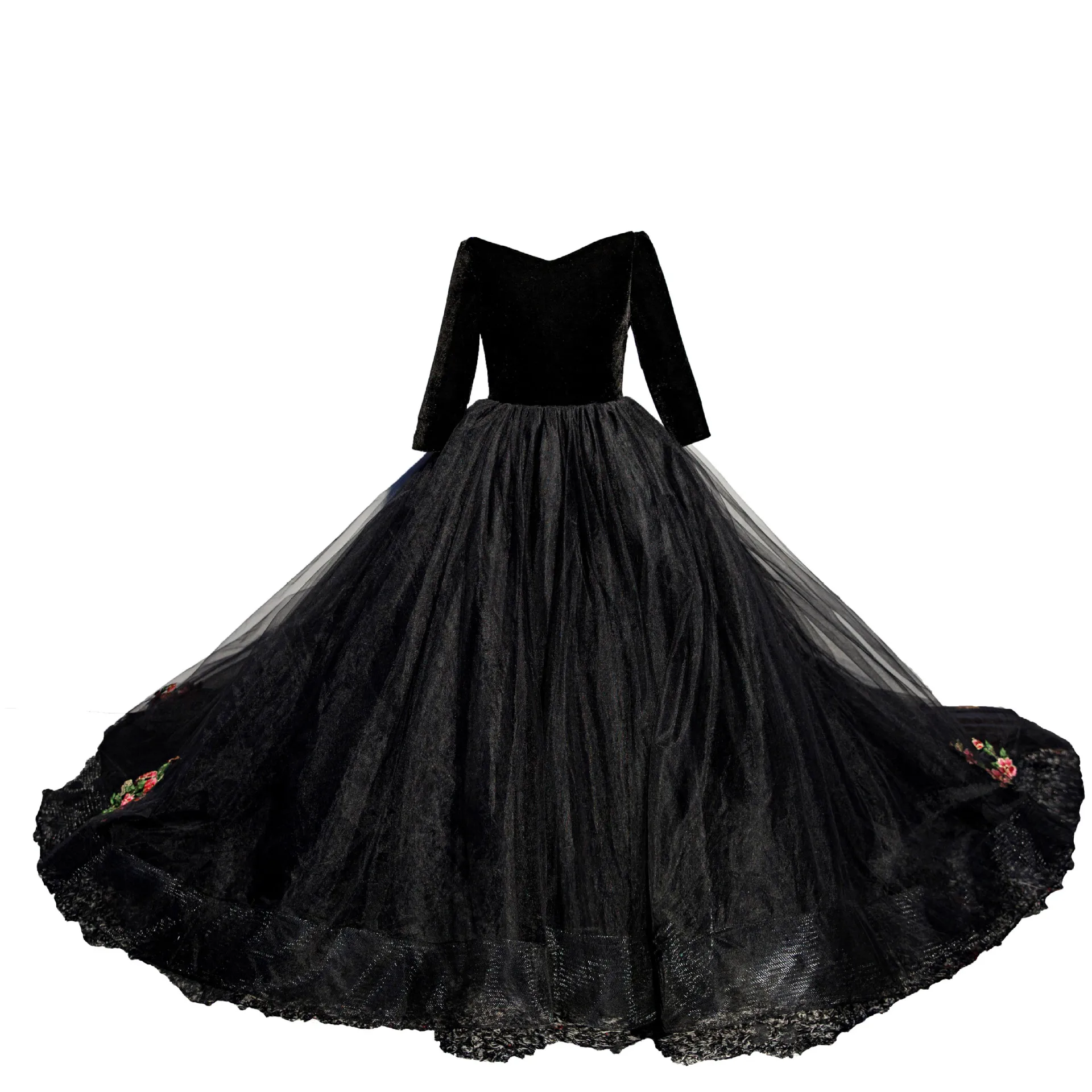 New Kids Dresses Girl Elegant Long Prom Black Embroidery Tulle - Main Image