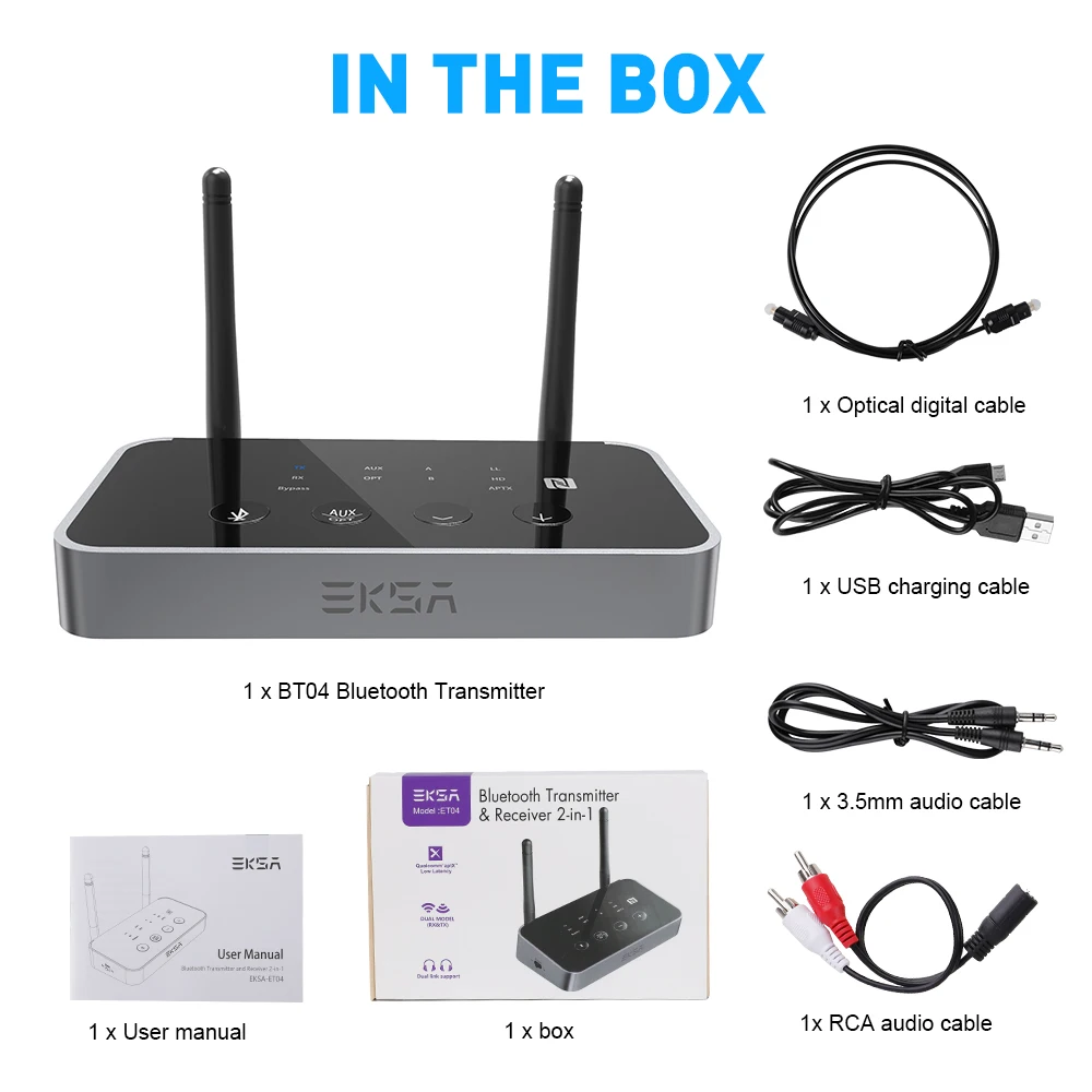 Baratos EKSA ET04 3 en 1 Bluetooth 5,0 transmisor receptor de Audio CSR8675 adaptador Bluetooth óptico 3,5mm AUX SPDIF para auriculares de TV