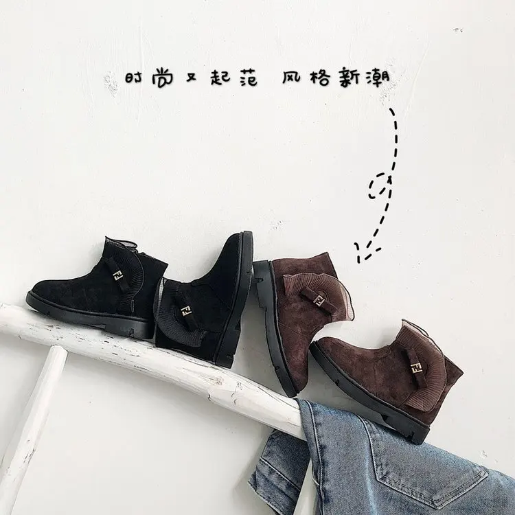 Г. Зимняя детская обувь женские ботинки повседневные однотонные флоковые зимние сапоги на молнии с круглым носком на Плоском Каблуке SQ-7109