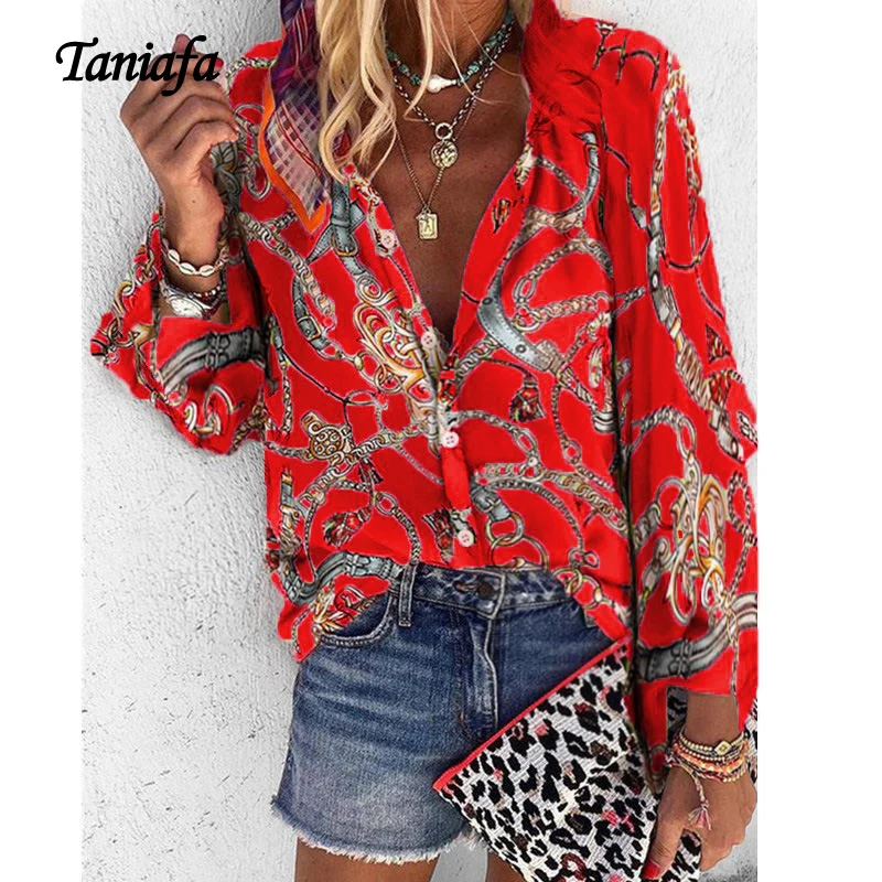 Taniafa 2020 New Arrival Fashion Women V Neck Button  Shirts Spring Summer Long Sleeve Printed Blouse Plus Size S~5XL Tops