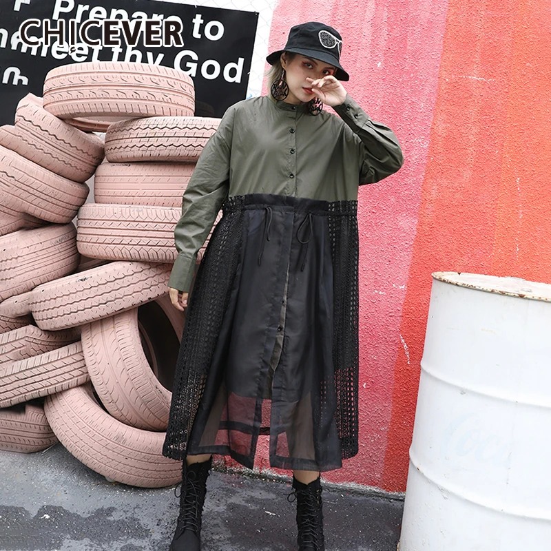 

CHICEVER Autumn Mesh Patchwork Perspective A Line Dress Women Stand Collar Long Sleeve Loose Female Dresses Clothes Fashion New