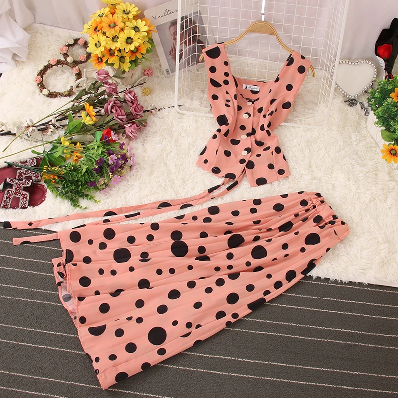 2Pcs Polka Dot Skirt Set Women 2021 Summer Chiffon Single Breasted Lace Up Shirt T-shirt Sets Belt Solid Crop Tops Skirt Suits 2021 fashion couple sportwear set king and queen printed hooded suits 2pcs set couples design streetwear hoodie and sweatpants