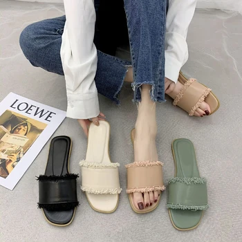 

Fringe Slippers Women Calfskin Leather Cloth Open Toe Gladiator Summer Beach Slides Ladies Flat Shoes Handmade 36120