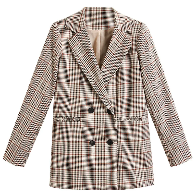 

New 2019 Double Breasted Plaid Blazer Women Long Sleeve Loose Office Ladies Suit Jacket Female blazers