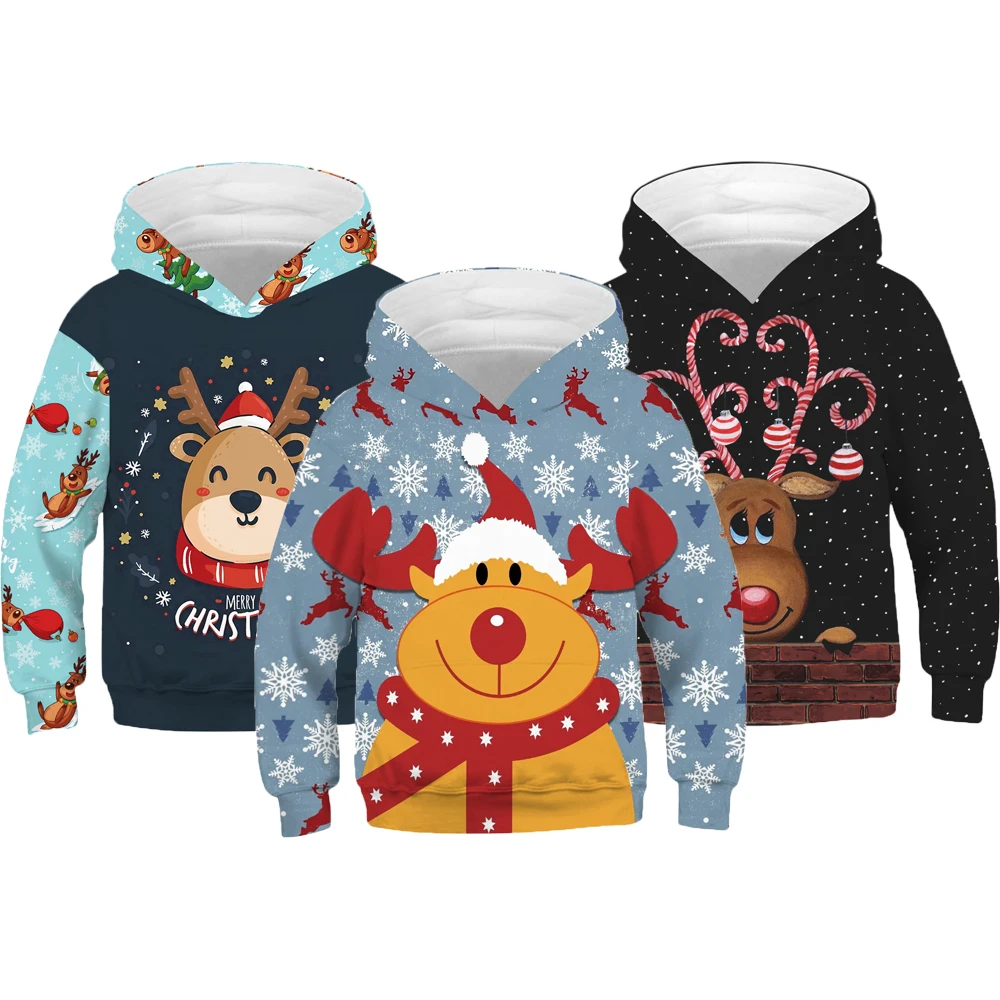 

4-14 Years Christmas Deer Sweatshirt For Girls And Boys Big Size Autumn Cartoon Snowman Christmas Kids Hoodies Children Present