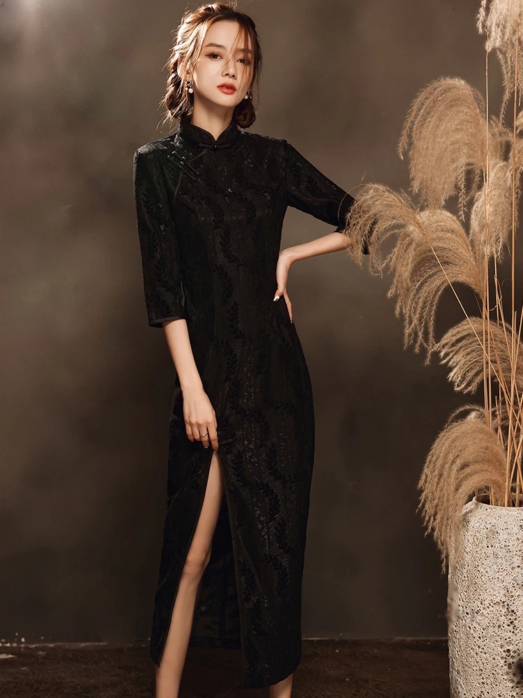 chinese dress ladies Plus Size Floral Modern Long Sleeve Dress Cheongsam Qipao – Pluspreorder main image 1