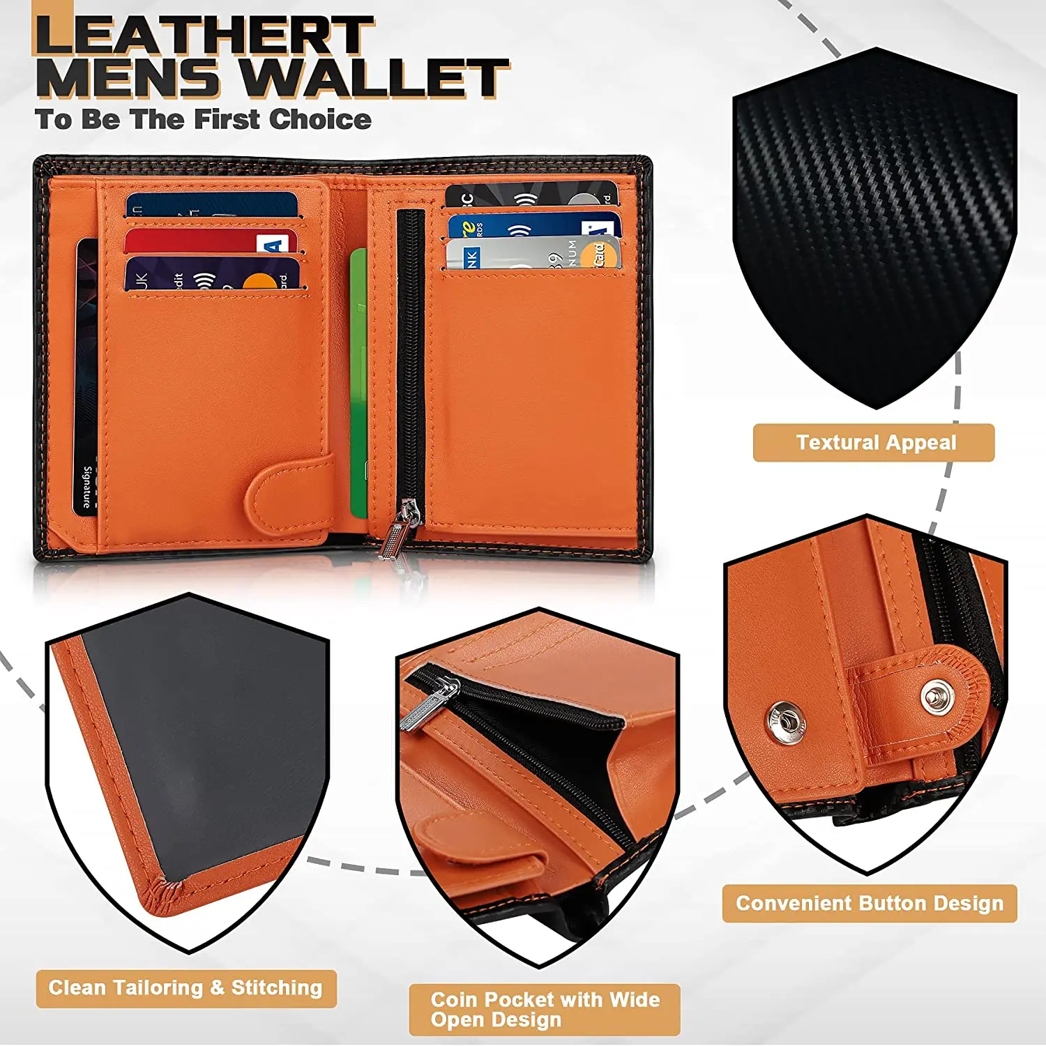 TEEHON Carbon Fiber Leather Men Wallet Coin Pocket RFID Credit Card Holder Half Span Design Black Purse