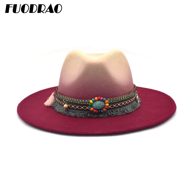 

FUODRAO Women Tie dye Fedora Hat Winter Wool Panama Large Brim Cowboy Jazz Cap Men Gradient Color Bowler Hats D11