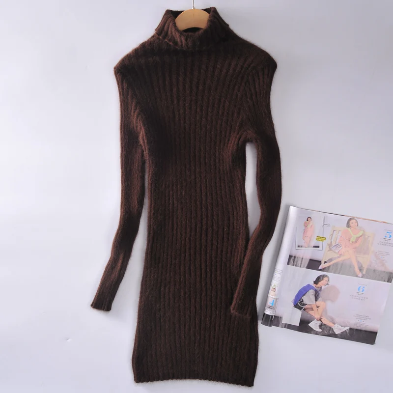 Длинный очень теплый свитер кашемир с норкой и пуловеры для женщин Осень Зима мягкий свитер водолазка женский базовый пуловер - Цвет: coffee