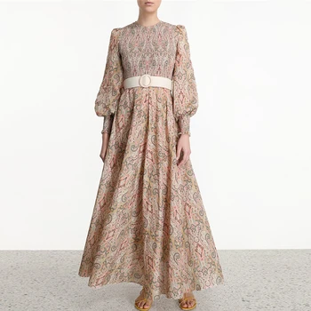 

HAMALIEL New 2020 Spring Runway Women's Floral Print Holiday Maxi Dress Vintage Chiffon Lantern Sleeve Long Belt Fashion Dress