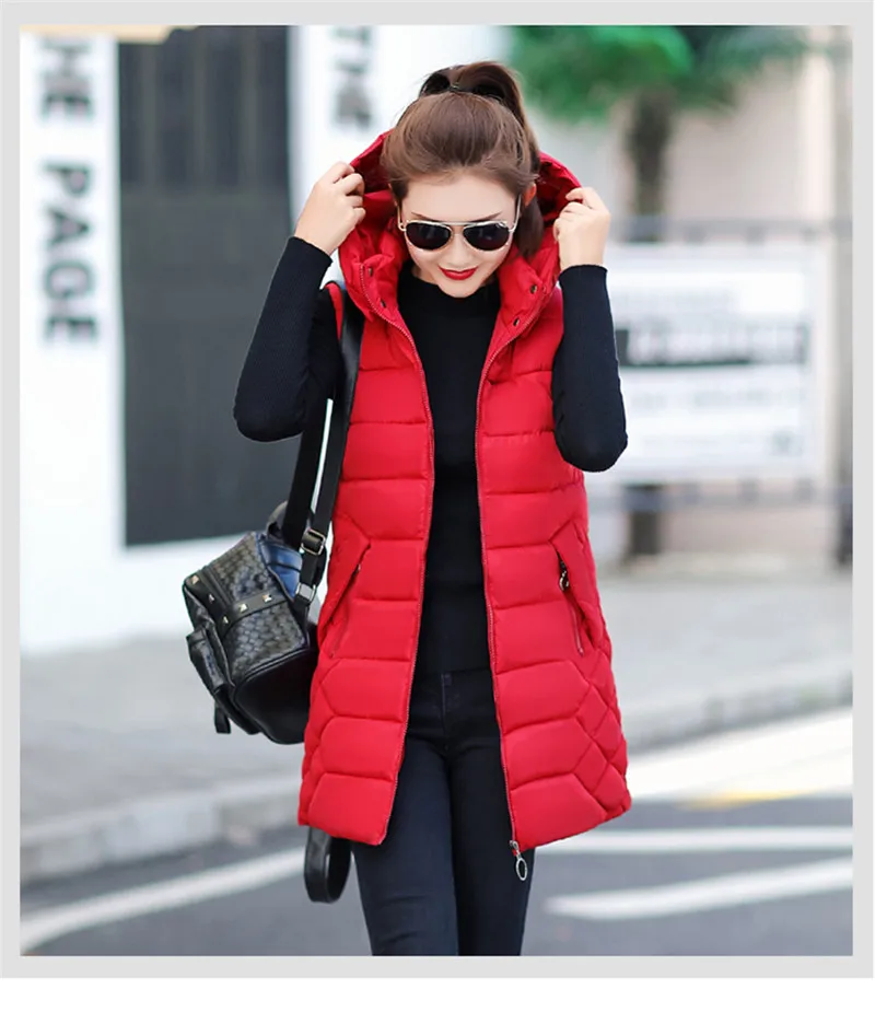 Женский осенне-зимний жилет пальто женский жилет тонкий хлопковый пуховик с капюшоном Теплый длинный жилет Студенческая куртка без рукавов W1228 - Цвет: Red