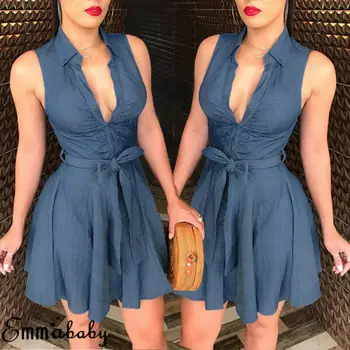 

2019 arrival Women Bandage OL Pleated Brief Sexy Cool Sleeveless Denim Blue V Neck Dress Belted Party Cocktail Short Mini Dress