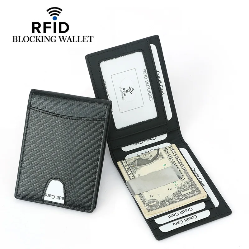 RFID Blocking Wallet for Men Carbon Fiber Wallet with ID Window Slim Bifold Front Pocket Wallet with Money Clip