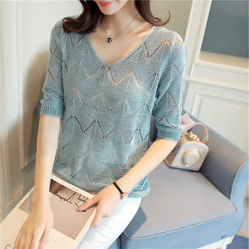

Spring and summer small fresh hollow women's sweater 2019 new sleeve V-neck air-conditioning shirt loose outside