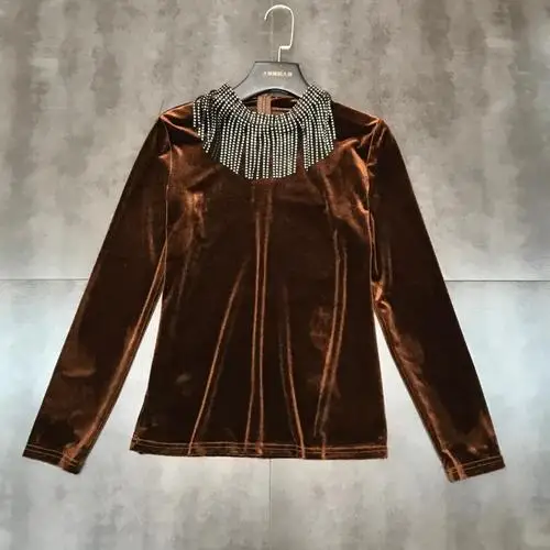 Light Brown Новинка, зимняя футболка с кисточками, стразы, вырез, золото, бархат, длинный рукав, темперамент, женская футболка, джемпер, женские футболки - Цвет: Light Brown