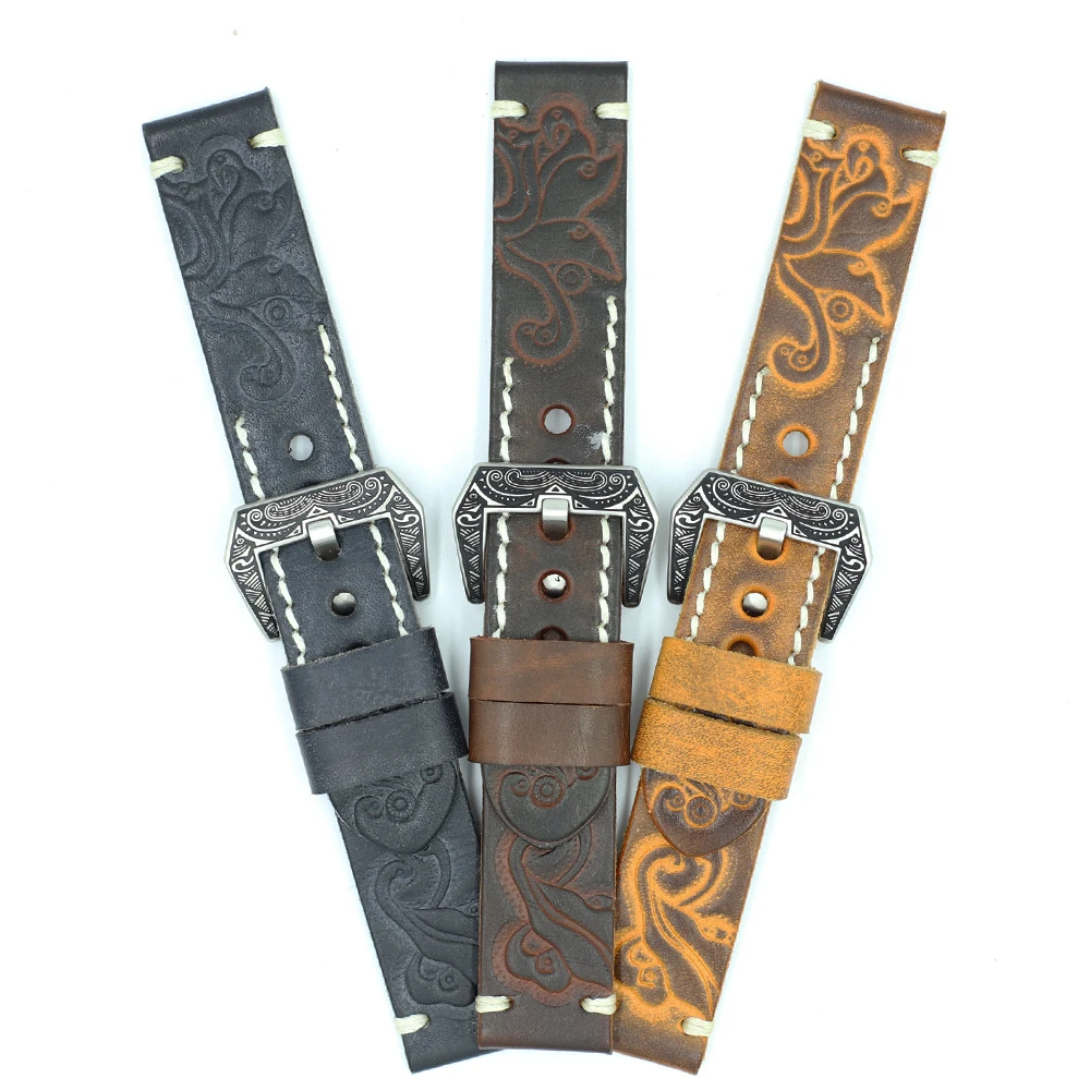 Onthelevel Vintage Watch Strap 22mm 24mm Handmade Carved Embossed Watch Band For Panerai With Carved Engraved Buckle #D