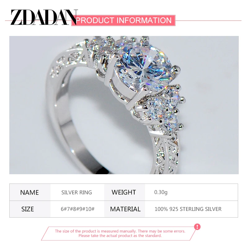 ZDADAN 925 Sterling Silver 8MM Zircon Finger Ring For Women Fashion Wedding Jewelry Accessories Wholesale 5