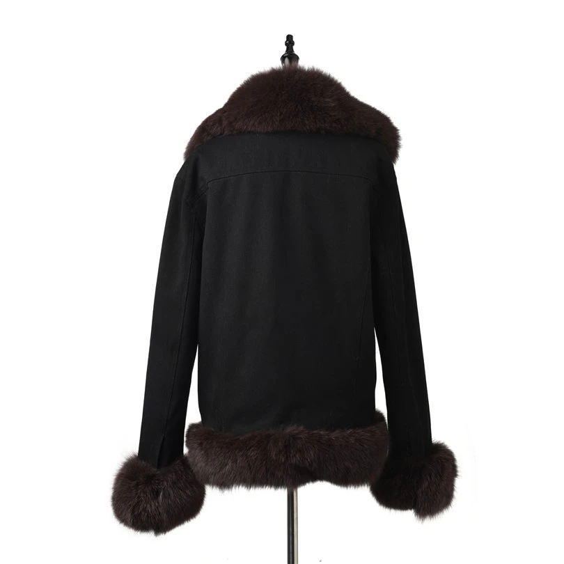 FURSARCAR Fashion Jean Jacket Real Fur Parka Women Winter Coat With Coffee Fox Fur Collar And Cuff Casual Warm Fur Parka