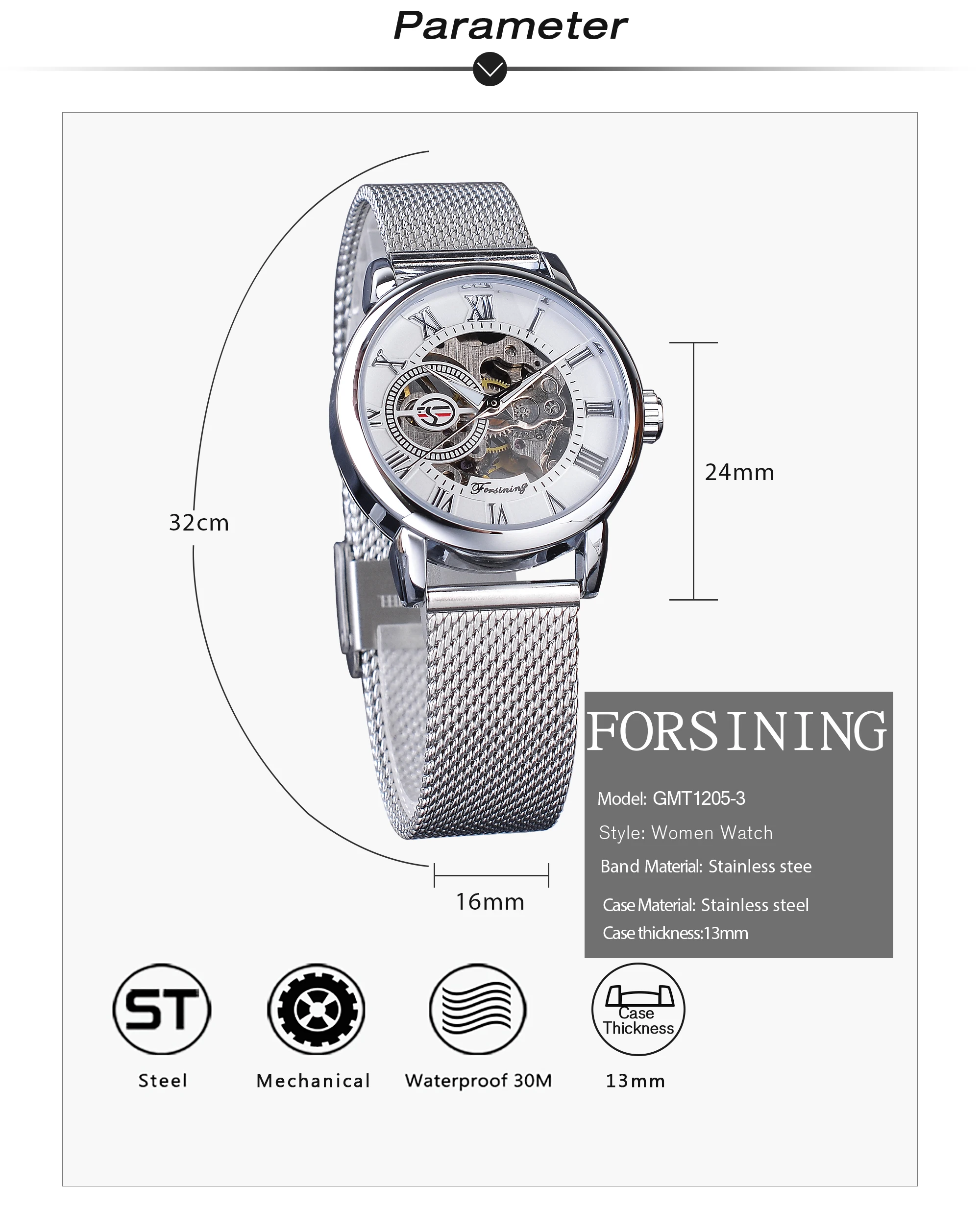 Forsining Fashion Luxury Silver Skeleton Women Mechanical Watch Roman Numerals Transparent Watches Stainless Steel Clock
