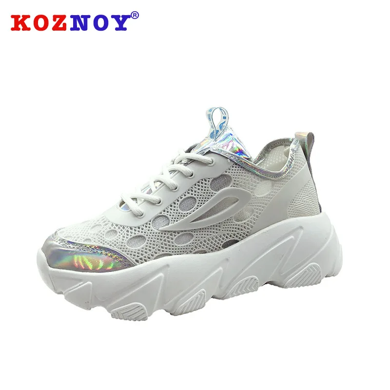 

Koznoy Sneakers Women Spring Autumn Thick Bottom Fashion Dropshipping Breathable Solid Mesh Lace Cross Tied Leisure Women Shoes