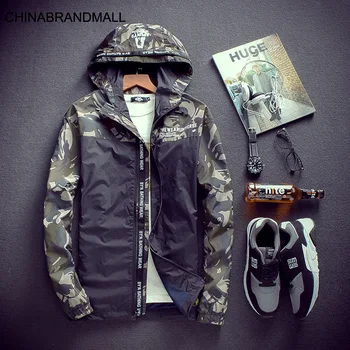 

Big Size Men's Wear Autumn Thin Coat Plus Fat Plus DaWith Cap Slim Fit Jacket Leisure Camouflage Top