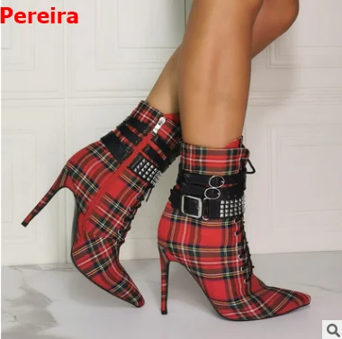 clásicas de cuadros escoceses para mujer, con remaches y estampado puntiagudo, tacones altos y hebilla de Metal con cordones|Botas hasta el tobillo| - AliExpress