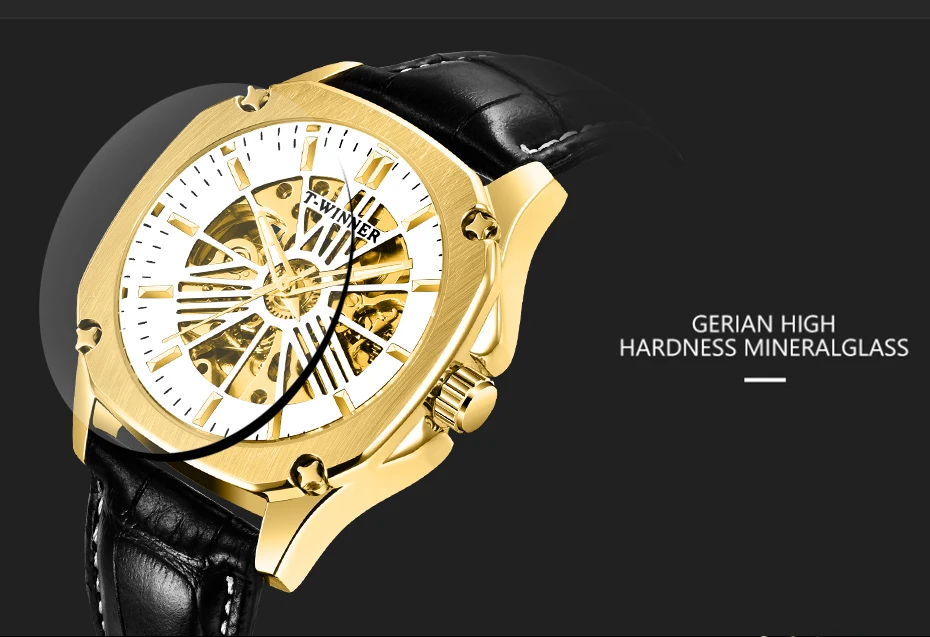 WINNER Топ бренд Мужские автоматические часы золотой полый Скелет Кожаный ремешок наручные мужские наручные часы в деловом стиле