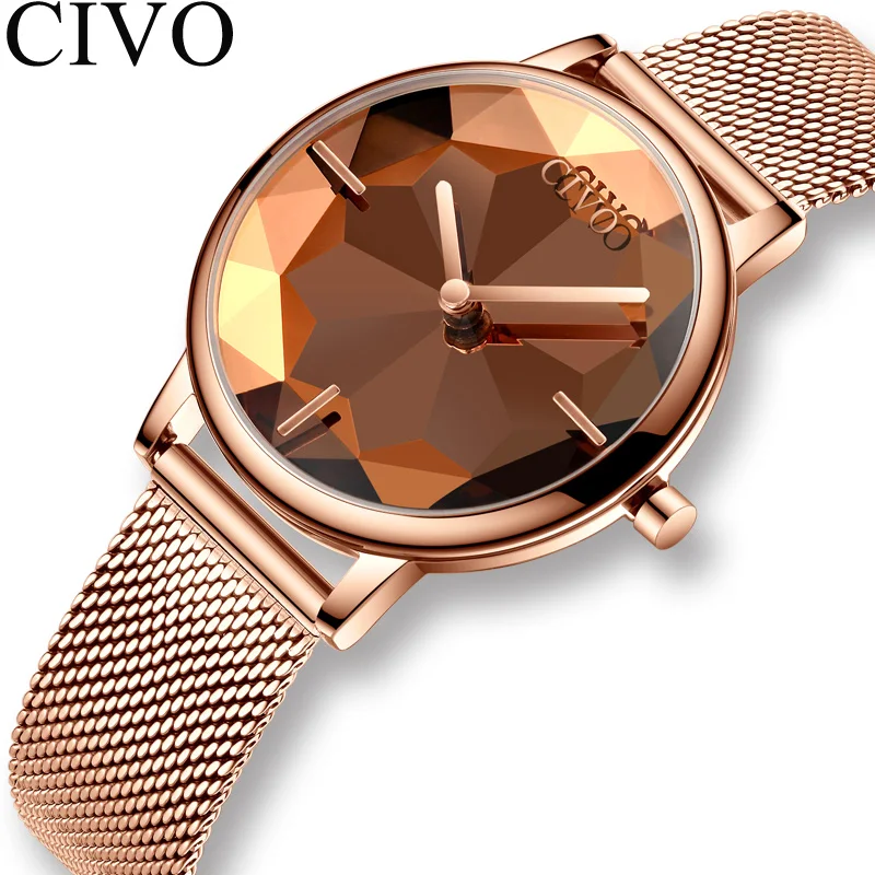 CIVO Новые креативные часы для женщин Роскошные водонепроницаемые Rosegold кварцевые женские часы сетчатый ремешок наручные часы для девочек Reloj Mujer 8109C