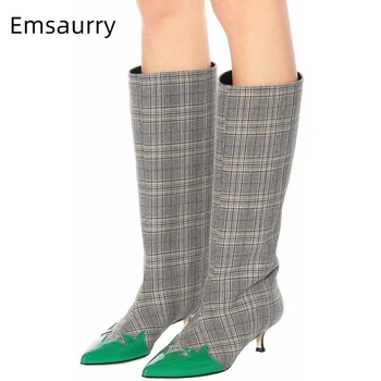 

Plaid Cloth Patchwork Knee High Boots Women Sexy Pointed Toe Kitten Heel Side Zip Runway Botas Winter Long Booties