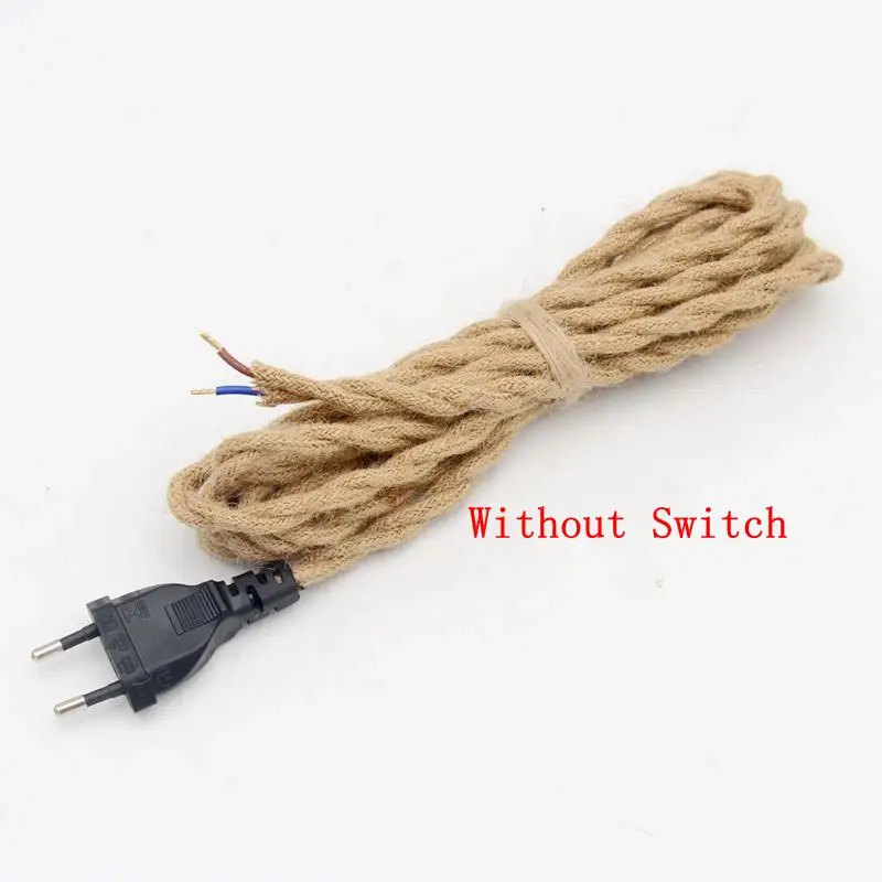 Vintage Hemp Jute Rope Braided Power Cord with On/Off Switch - 2 Meter Length, 220V EU Plug