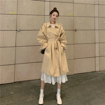 

Korean Style Mid-Length Elegant Classic Female Trench Coat With Sashes Double Breasted Solid Color Women's Windbreaker