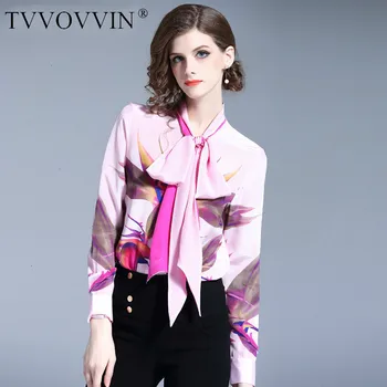 

TVVOVVIN 2019 Women Summer Long Sleeve Bird Print Chiffon Blouse And Tops Lace Up Bow Tie V Neck Blusas Ladies Pink Shirt L370
