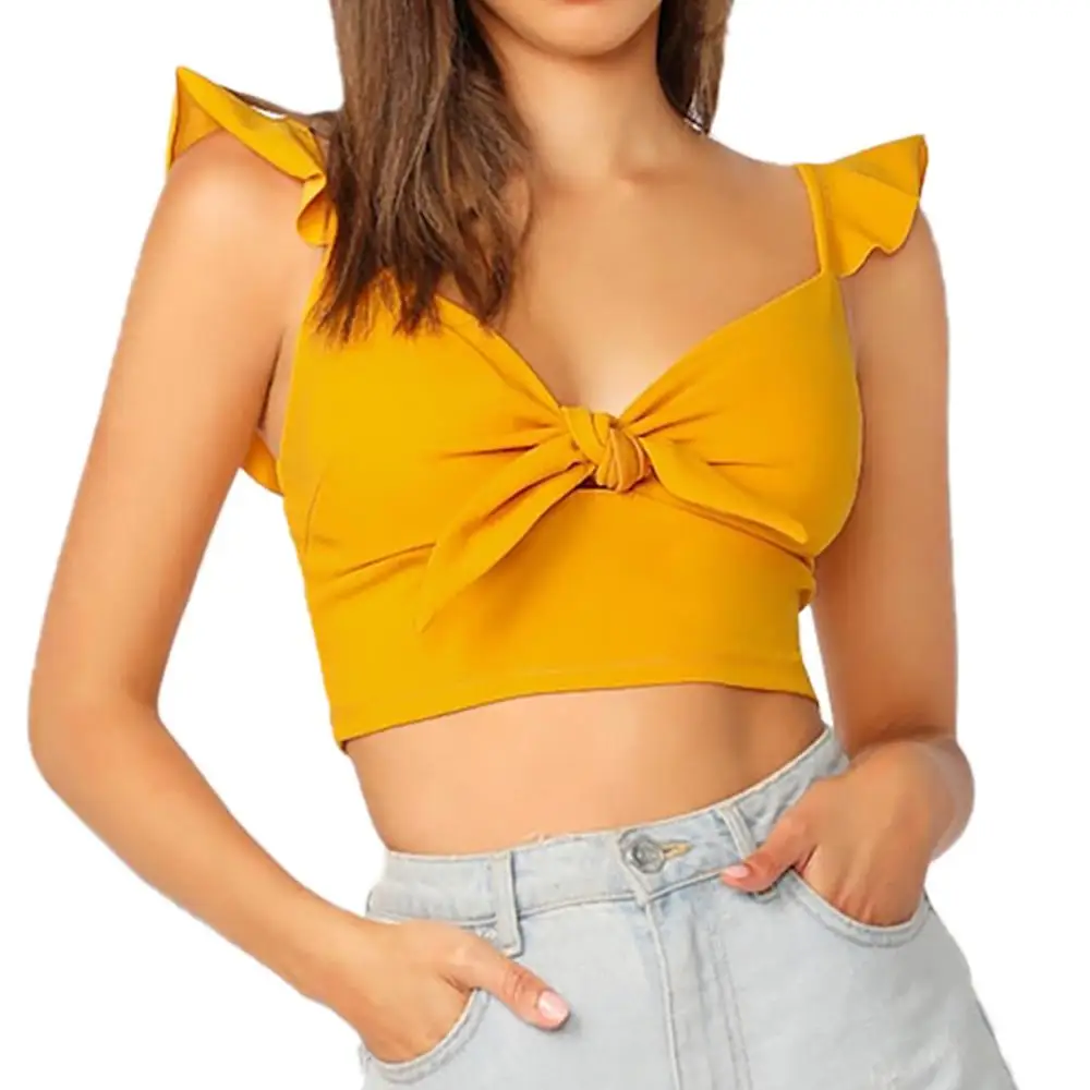 Женский укороченный топ Спагетти ремень короткий летний топ Женская сексуальная одежда Топ бандаж Чистый Цвет бант Cami футболка Тонкий 10X - Цвет: Yellow
