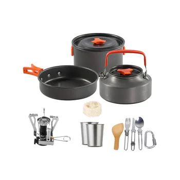 

Portable Outdoor Camping Cookware Camping Hiking Picnic Teapot Pot Set Non-stick Tableware with Stove Spoon Fork Knife Kettle