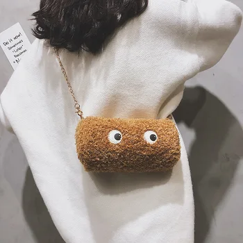 

Ladies Cute Cartoon Eyes Plush Chain Cylindrical Shoulder Bag Women Handbag Diagonal Package Coin Purse Messenger Bag 2019 New
