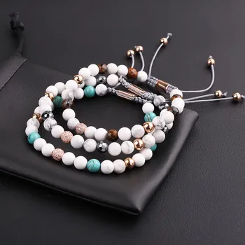 JARAVVI New Cute Design Natural Stone Howlite Beaded CZ Pave Ball Custom Friendship Macrame Bracelet Women