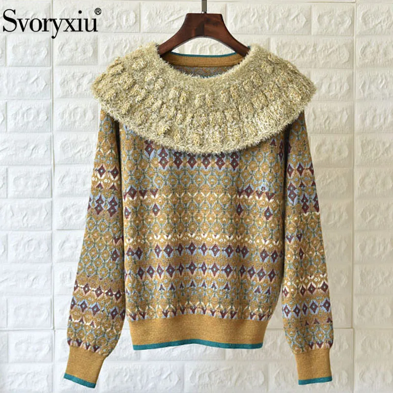 

Svoryxiu Runway Autumn Designer Gold Line Shawl Sweater Pullovers Women's Long Sleeve Geometric Pattern Wool Knitting Jumper