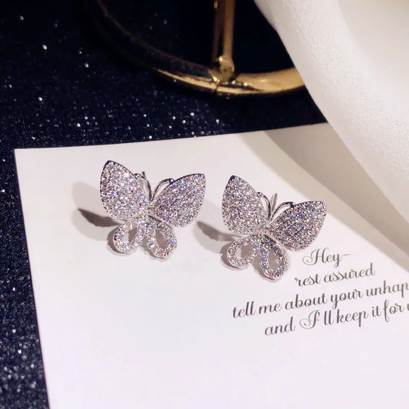 S925 Sterling Silver Needles Fine Jewelry Stud Earrings For Women Butterfly Cubic Zirconia Elegant Temperament Fine Jewelry