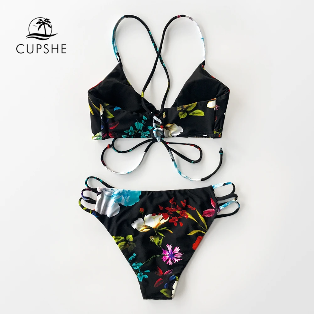 CUPSHE черный цветочный принт Strapp бикини наборы сексуальные на шнуровке купальник