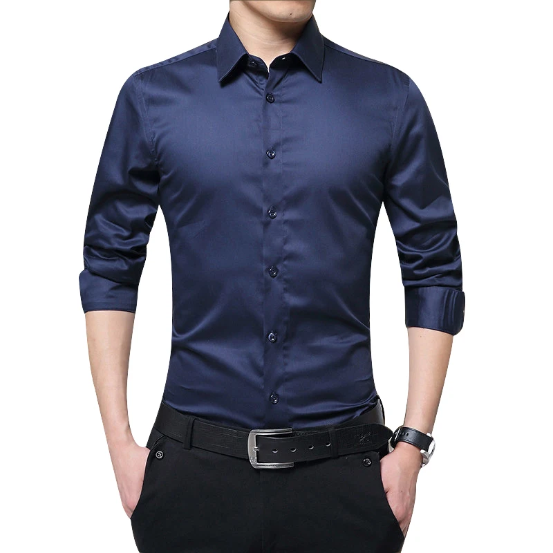 Новинка, осенние мужские рубашки с длинным рукавом, облегающие одноцветные деловые официальные профессиональные рубашки, мужские удобные рубашки - Цвет: Dark Blue