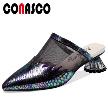 

CONASCO 2020 New Women Sandals Pumps Genuine Leather Slippers Fashion Concise Mesh Mules Summer High Heels Casual Shoes Woman