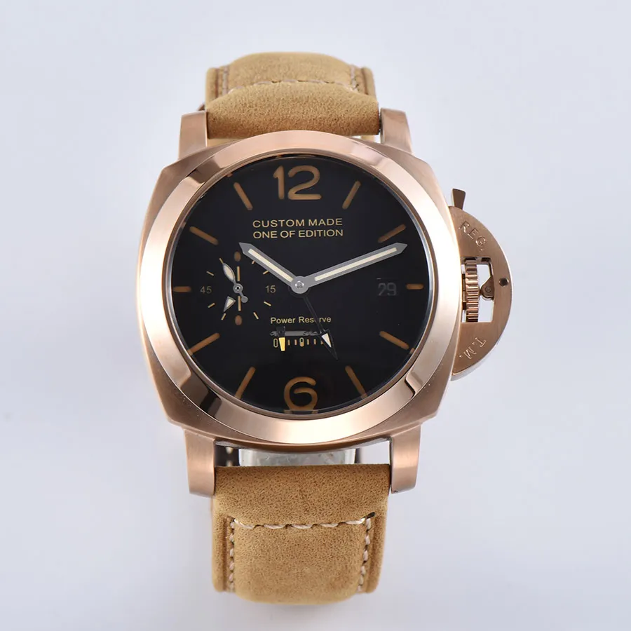 

men watch 44mm power reserve automatic mechanical gmt leather strap case luminous sports military watch men