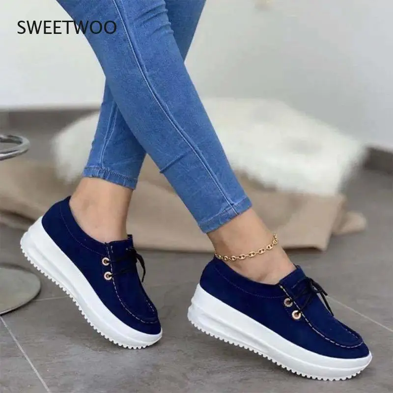 Women's Vulcanized Shoes Flock Ladies Sewing Flat Platform Lace-Up Casual Autumn Female  2021 Fashion New Comfort