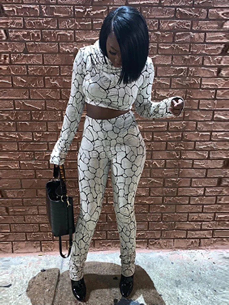 

Fall Sexy White Snake Skin Print Hooded Pants Set Tracksuit Women Two Piece Set Skinny Bodycon Sexy Club Outfits Street Active