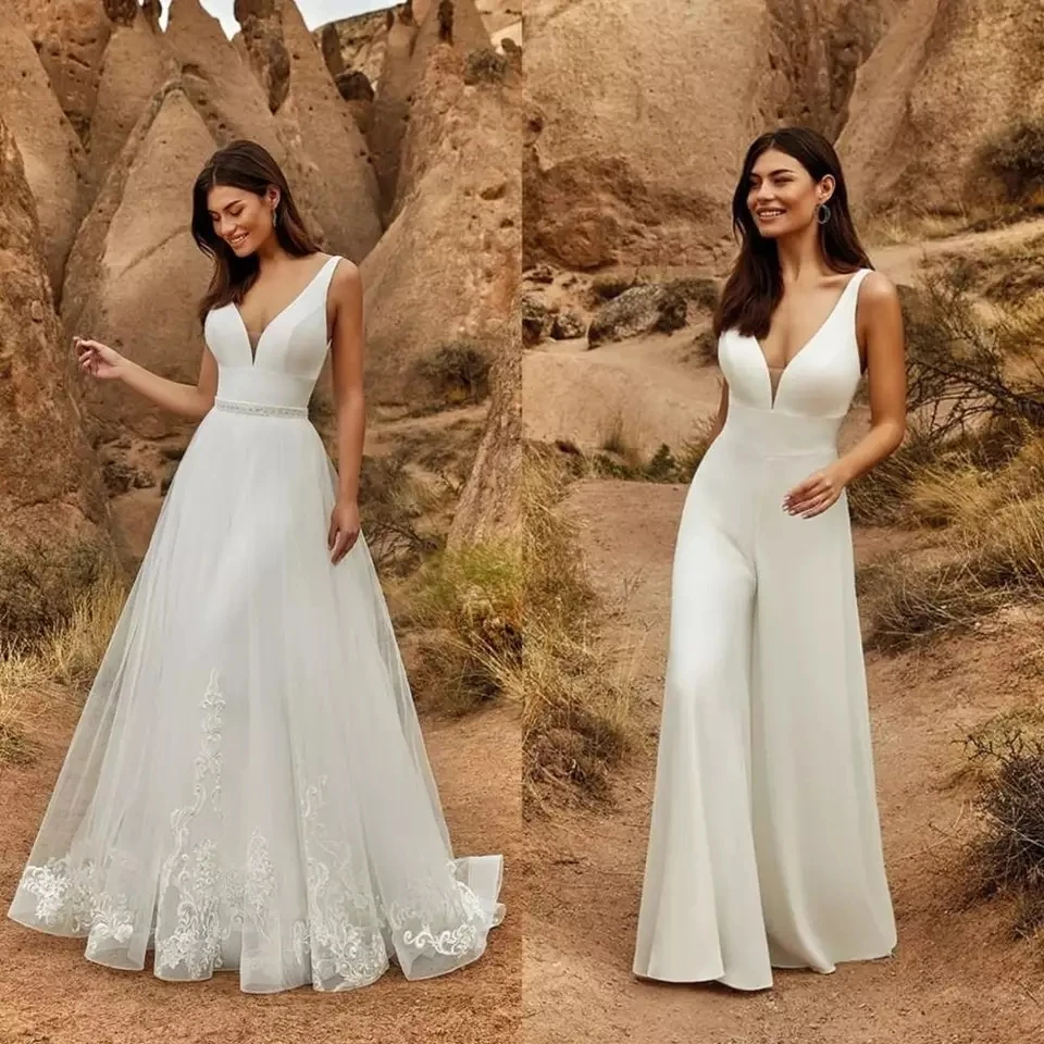 Elegant Wedding Dresses Detachable Train Jumpsuit Women Pant Suits Lace